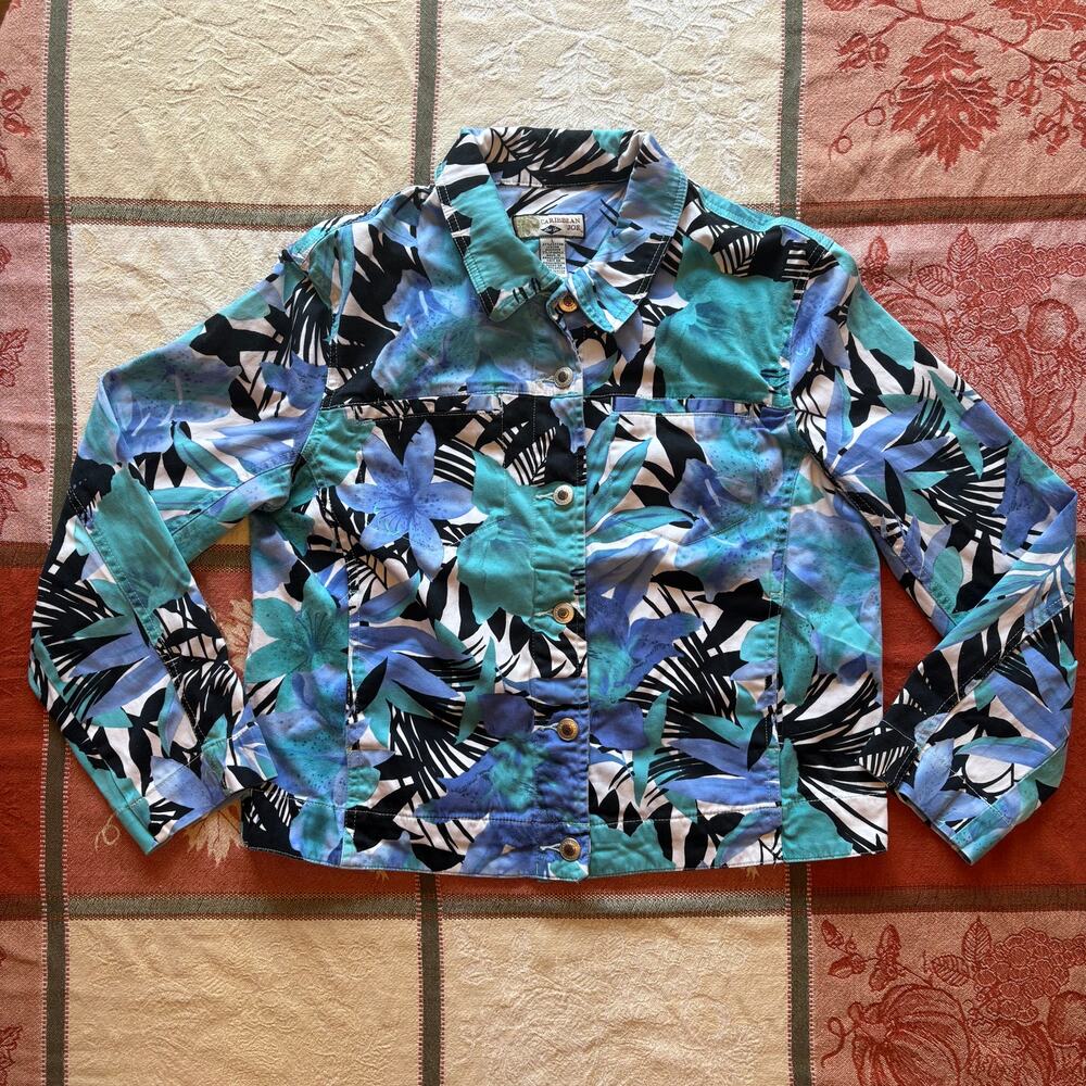 Caribbean Joe Let Go Tropical Floral Button Jacket Teal L